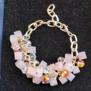 Rose Quartz Bracelet With Crystal & Art glass. Adjustable, Silver Wire wrap, NEW